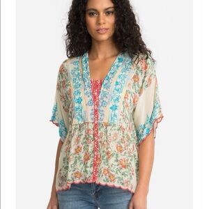 Johnny Was Amber Button Down Floral Scallop Hem Blouse Top